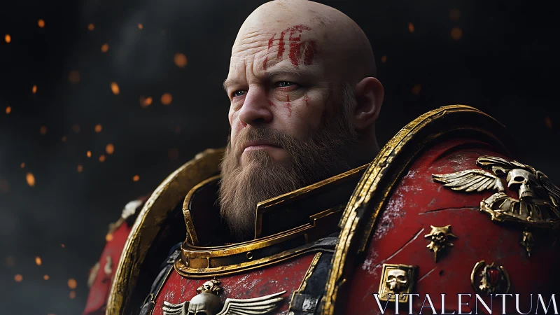 Armored warrior gazes forward under drifting embers