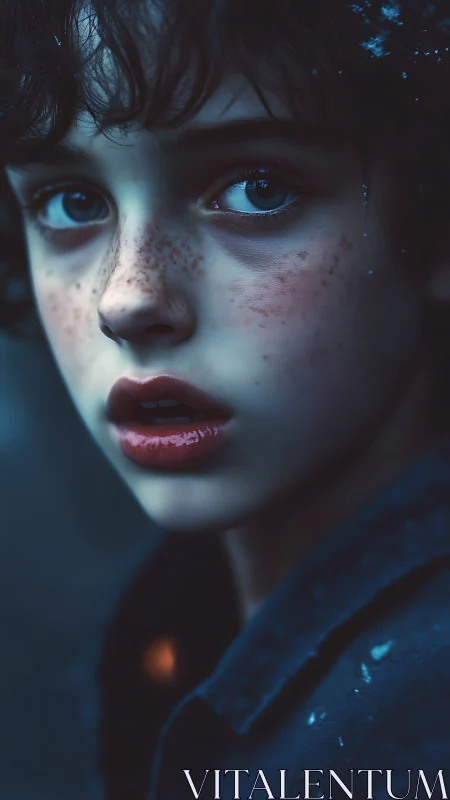 Moody close-up portrait of freckled child in cold light.