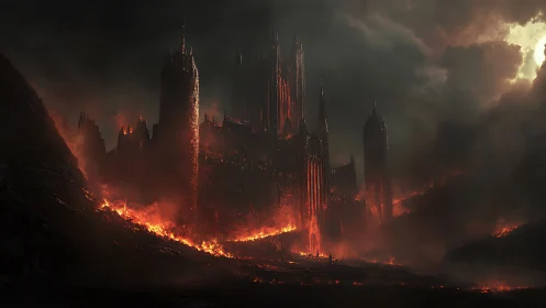 Gothic Cathedral Engulfed in Apocalyptic Flames and Smoke