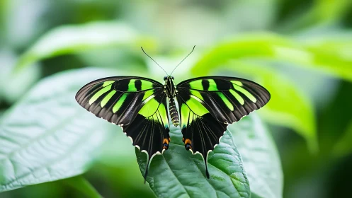 Green-banded butterfly wings spread on lush leaf surface.
