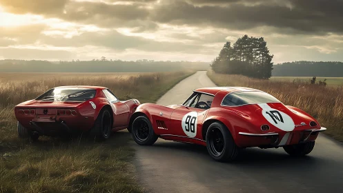 Vintage red race cars on rural road under stormy sky.