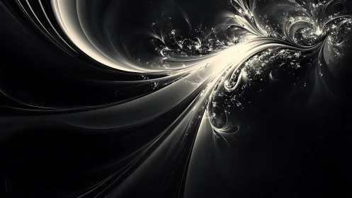Monochrome fractal waveforms form luminous swirling filigree arcs
