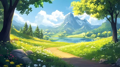 Sunlit mountain meadow with a peaceful lakeside path.