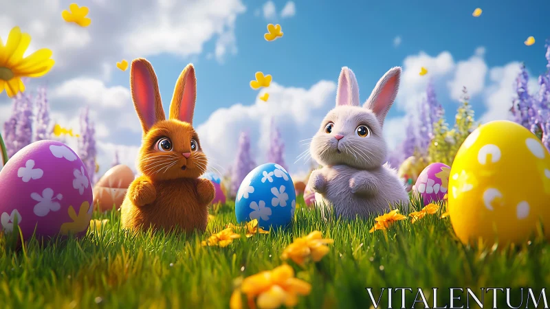 Easter bunnies amid painted eggs in vibrant flower meadow.