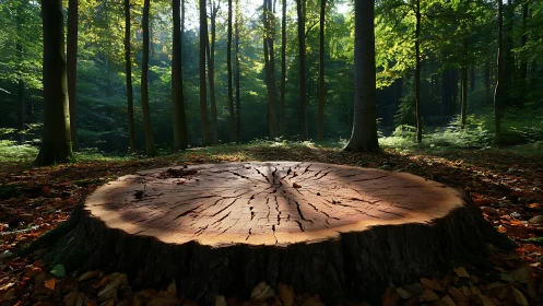 Tree Stump Cross-Section in Sunlit Forest Canopy