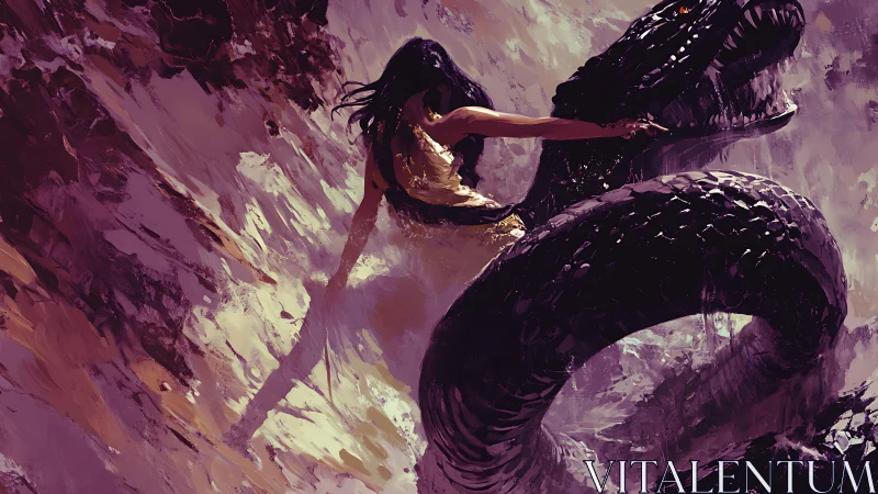 Storm-riding heroine wrestling the coiled abyssal serpent.