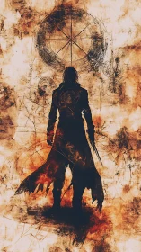 Wanderer in tattered coat confronts alchemical clock sigils.