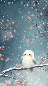 Snow-dusted songbird perches on berry branch in stylized winter