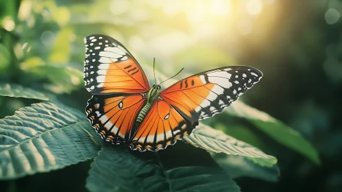 Photorealistic monarch butterfly on leaf in backlit garden scene.