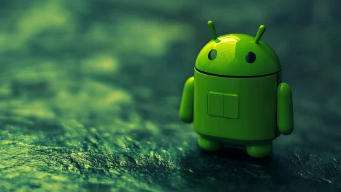 Green Android robot figurine stands on textured surface