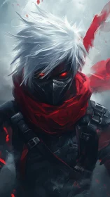 Storm-eyed masked warrior stands strong in swirling crimson mist