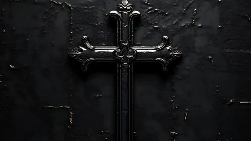 Quiet black cross against a weathered midnight wall.