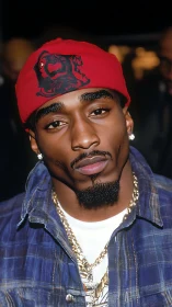 Portrait shows man in red bandana with layered gold chains