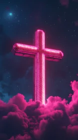Neon pink cross rising above dense glowing clouds at night.
