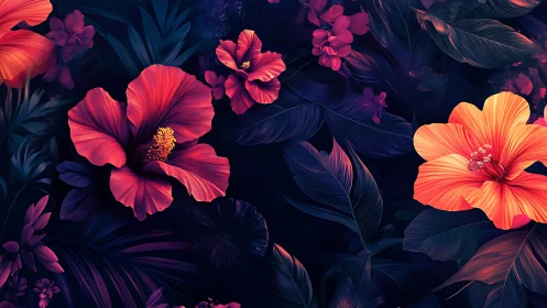Neon Hibiscus Blooms Against Deep Navy Foliage.