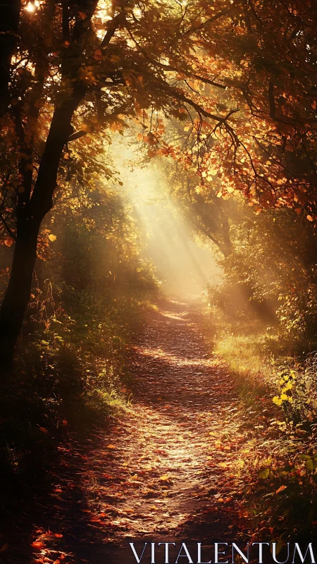 Sunlit woodland path with autumn foliage in soft haze.