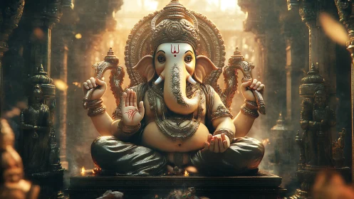Serene Ganesha in ember-lit temple haze of sacred stillness.