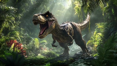 Tyrannosaurus rex roars while striding through dense jungle