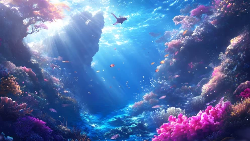 Volumetric sunbeams illuminate dense coral reef and swimming turtle