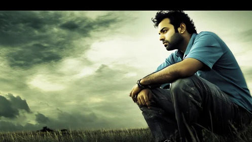 Contemplative figure in graded green field under textured sky.