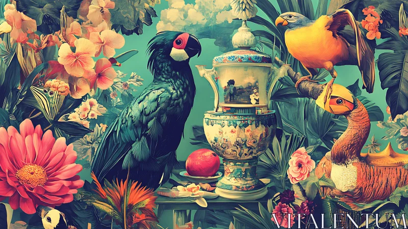 Vibrant Exotic Birds and Florals in Ornate Still Life Artwork.