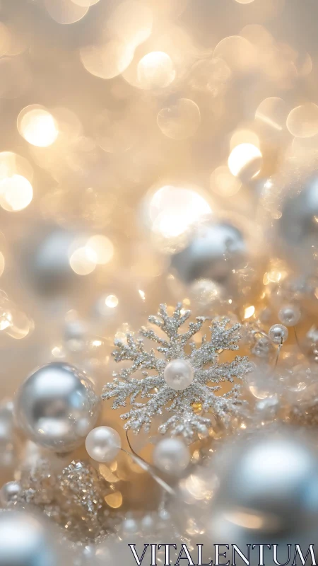 Silver snowflake ornament surrounded by blurred festive lights