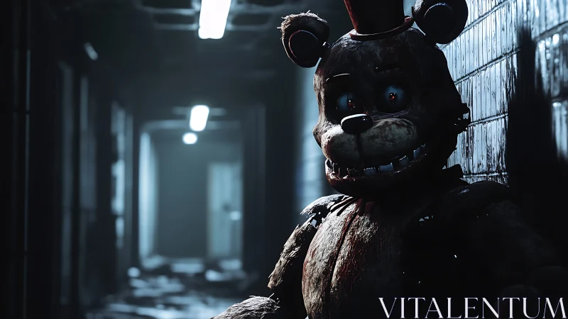 Haunted bear animatronic waits in a dim, eerie hallway