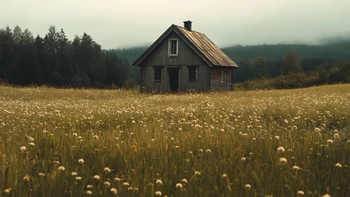 Weathered cabin anchors a misty meadow within forested hills