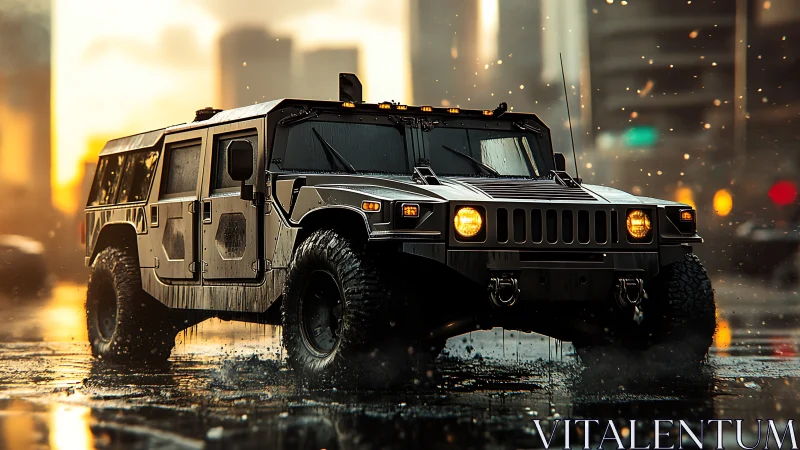 Armored SUV drives through wet urban street at sunset