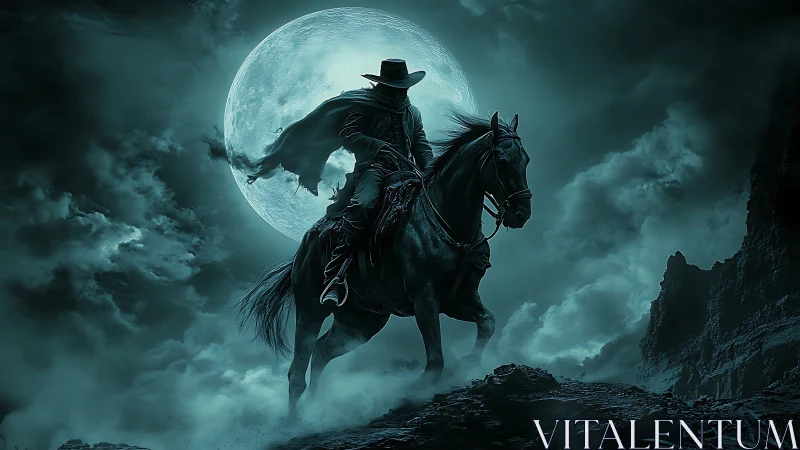 Lone dark cowboy rides beneath a glowing full moon.