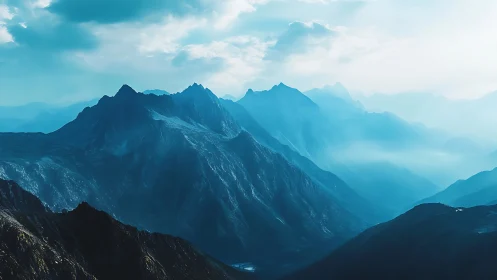 Layered blue mountain ridges under soft cloudy sky.