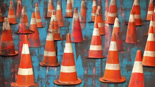 Bold orange traffic cones create a playful urban pattern