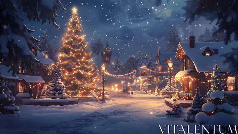 Snowy village glows under a welcoming Christmas night sky