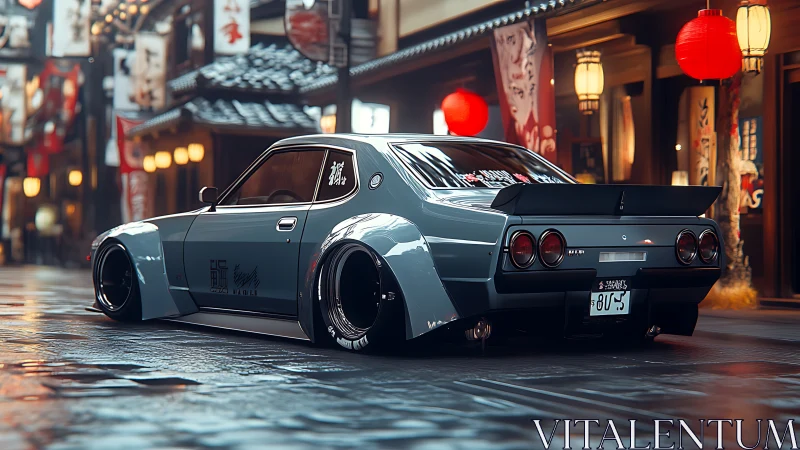 3D retro tuner coupe on wet neon-lit Japanese alleyway street.