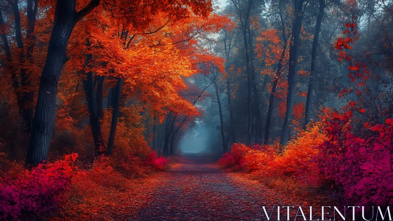Autumn Forest Pathway Bathed in Vibrant Red and Gold Light.