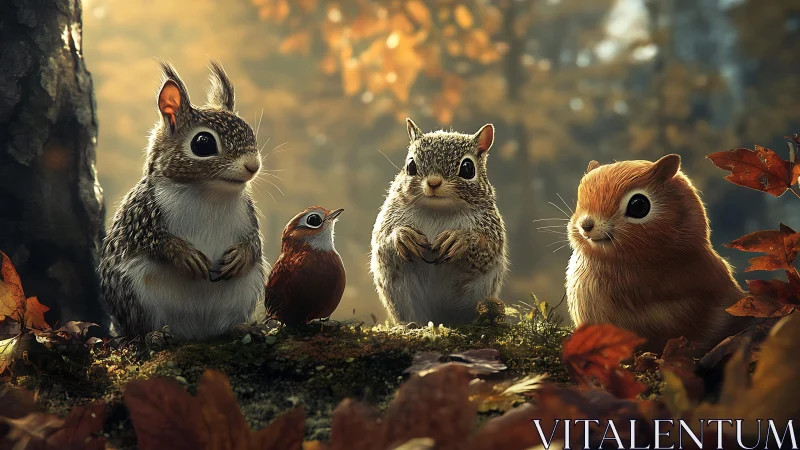 Digital painting of woodland squirrels in autumnal vignette.