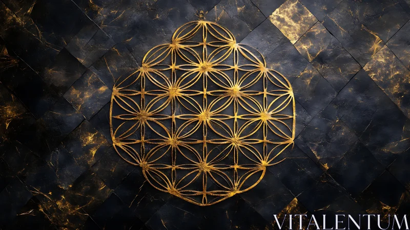 Geometric gold lattice emblem on dark marbled diamond tiles