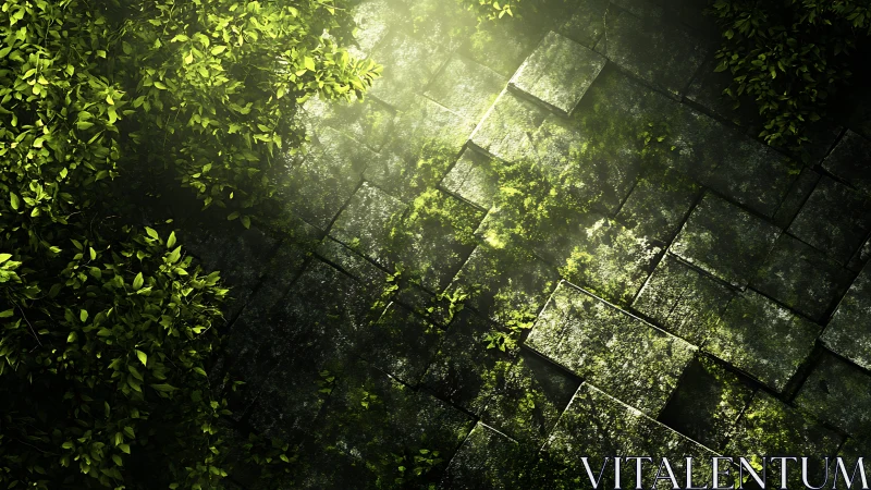 Sunlit mossy stone tiles glow softly beneath dense foliage