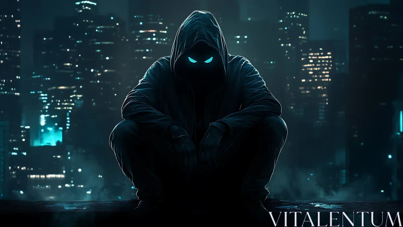 Hooded urban sentinel with luminescent eyes in nocturnal skyline.
