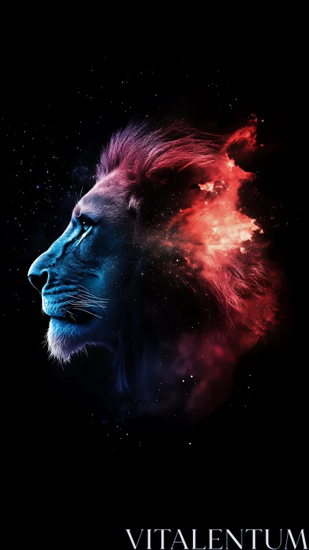 Cosmic lion profile glows in vibrant blue and red nebula light