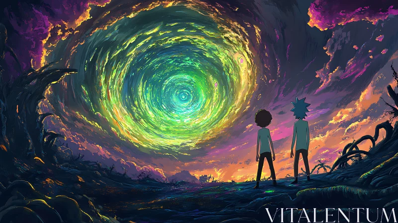 Two figures observe glowing green portal in alien sky