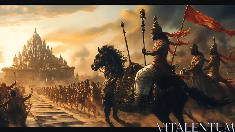 Sunlit war banners gallop toward a gilded temple fortress