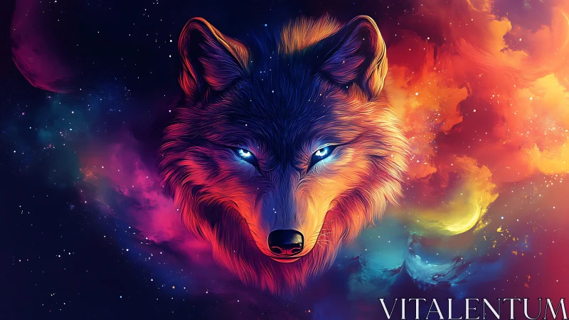 Nebula-eyed cosmic wolf drifting through prismatic starlight.