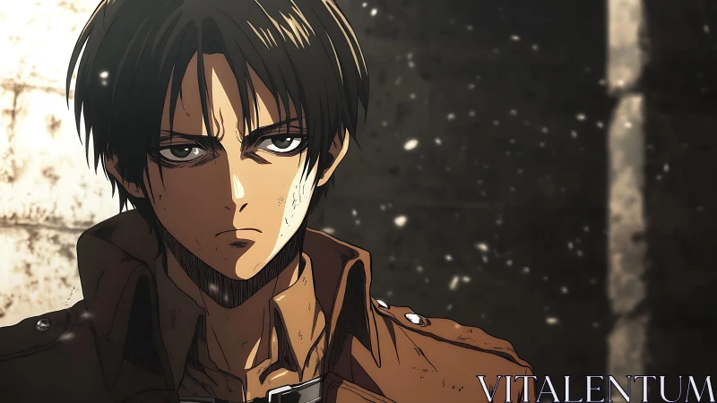 Severe anime soldier in raking light studies gritty resolve