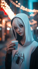 Hooded anime girl with spider emblem cup in neon alley.