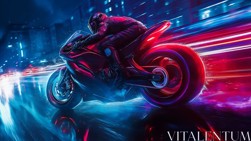 Neon storm motorcycle slices through a rain-glossed midnight city