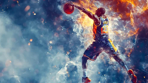 Basketball player leaps toward rim through swirling fire
