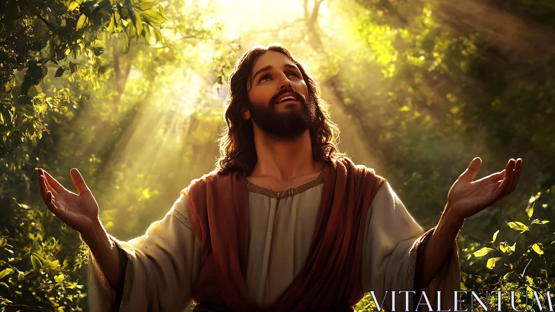 Gentle robed figure lifts open hands in golden forest light