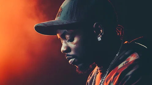 Moody rapper in ember haze, eyes closed to the noise.