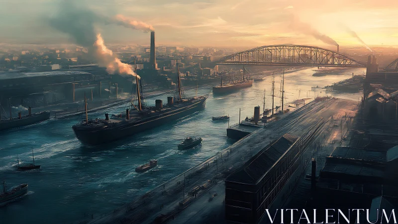 Industrial harbor river scene shows steamships and bridge